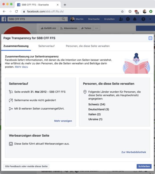 Screenshot: «Seitentransparenz» für die SBB-Facebook-Seite