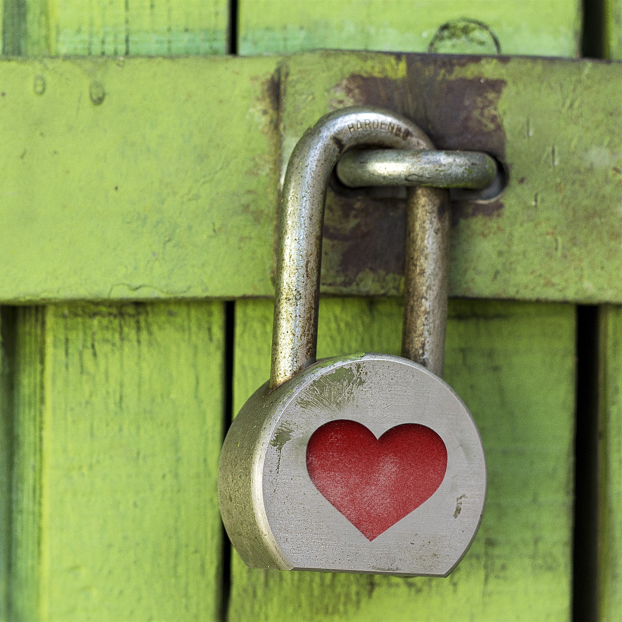 Foto: Vorhängeschloss mit einem roten Herz, das eine grüne Holztüre abschliesst