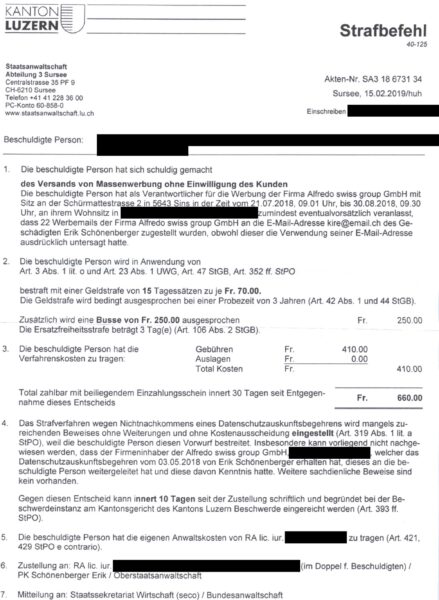 Dokument: Strafbefehl wegen E-Mail-Spam (Seite 1)