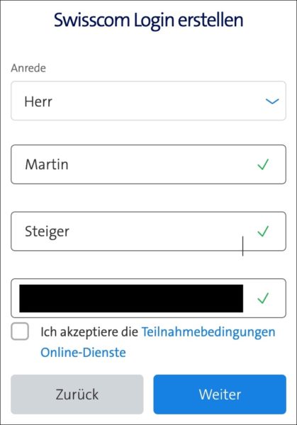 Screenshot: «Swisscom Login erstellen»