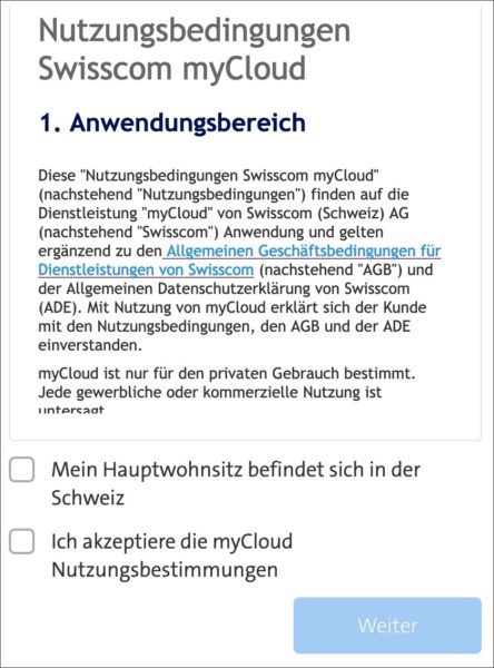Screenshot: «Nutzungsbedingungen Swisscom myCloud»