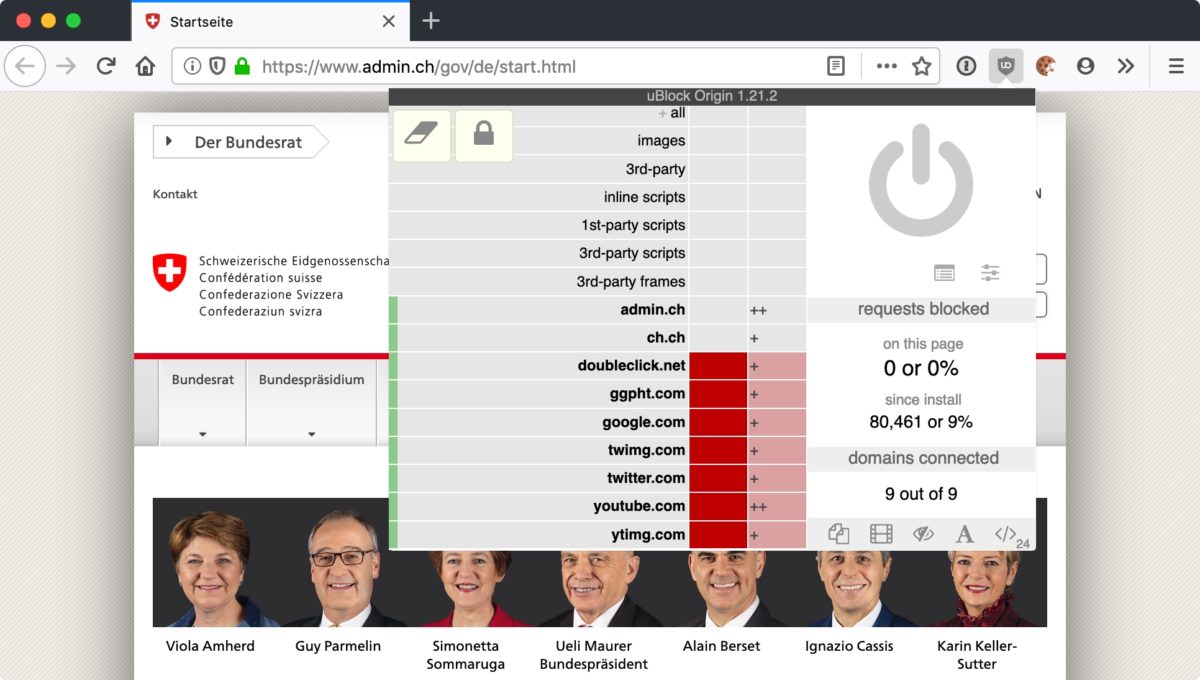 Screenshot: admin.ch mit uBlock Origin