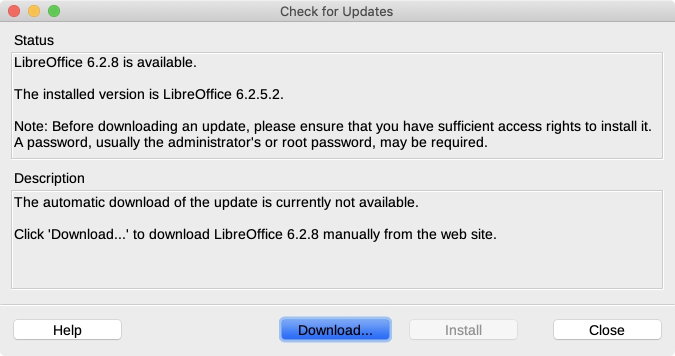 Screenshot: Händische Aktualisierung von LibreOffice