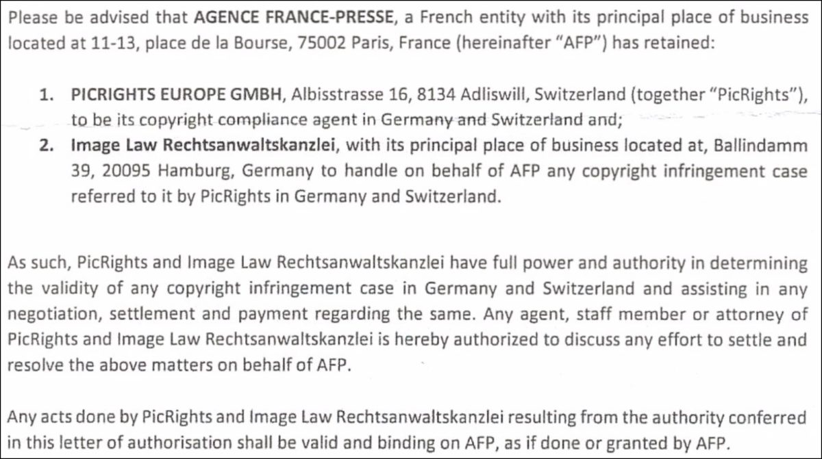 Dokument: Vollmacht der AFP Agence France-Presse für Abmahnungen (Auszug)