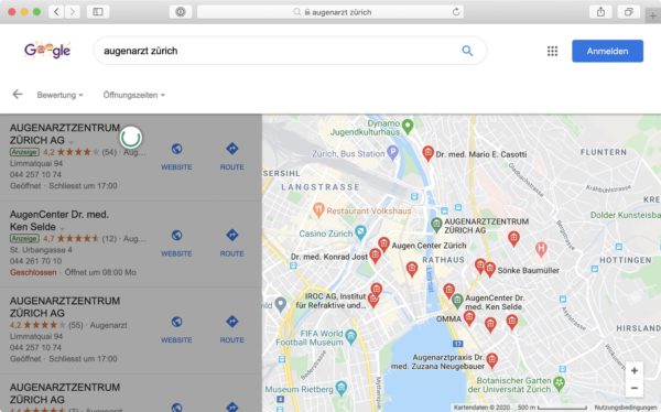Screenshot: Google Maps mit Ärzte-Bewertungen in Zürich