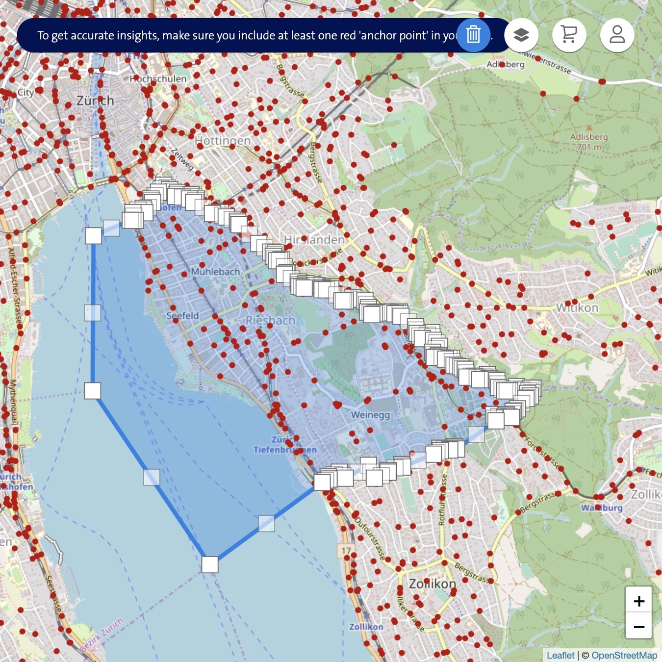 Screenshot: Nutzeroberfläche von Swisscom Insights (Karte von Zürich mit dem Seefeld-Quartier)