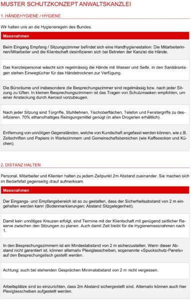 Dokument: COVID-19-Muster-Schutzkonzept des Schweizerischen Anwaltsverbandes (SAV, Auszug)