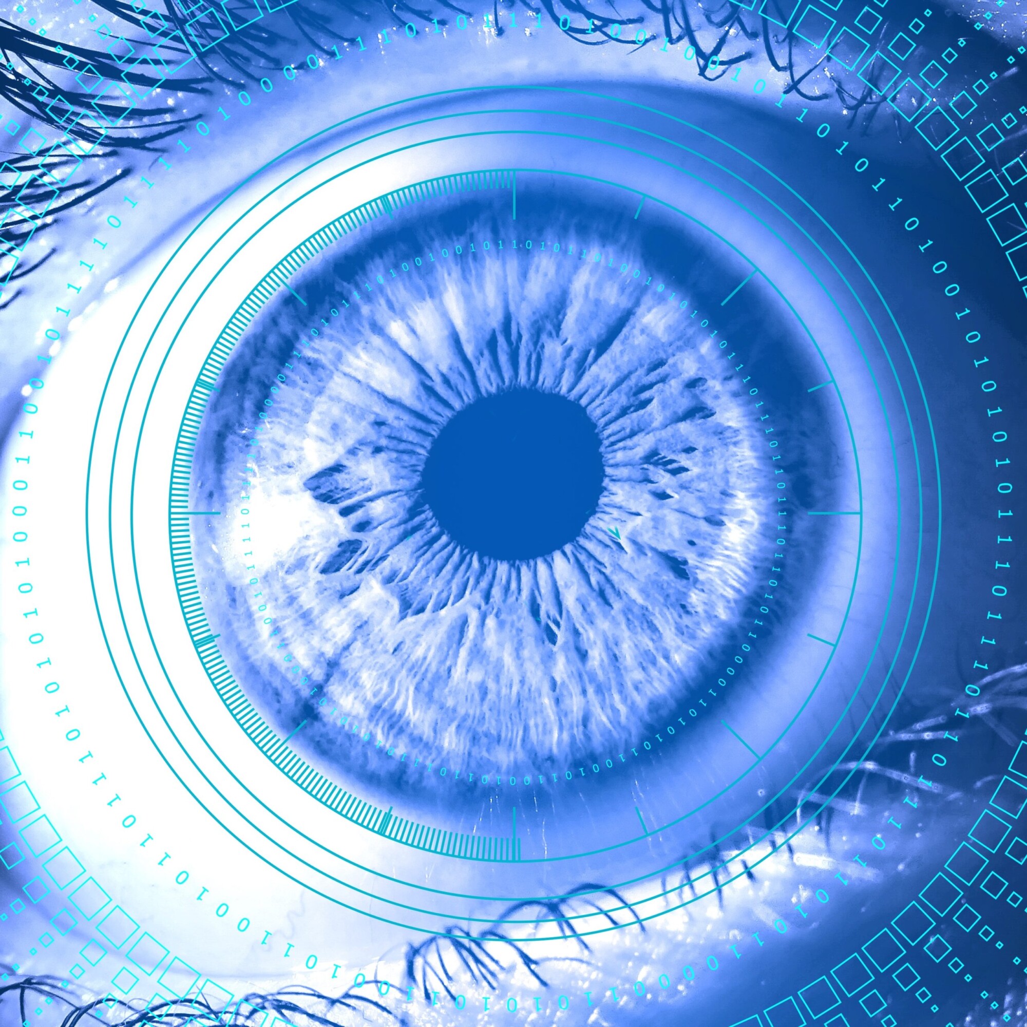 Bild: Menschliches Auge in Blautönen mit Nullen und Einsen im Hintergrund