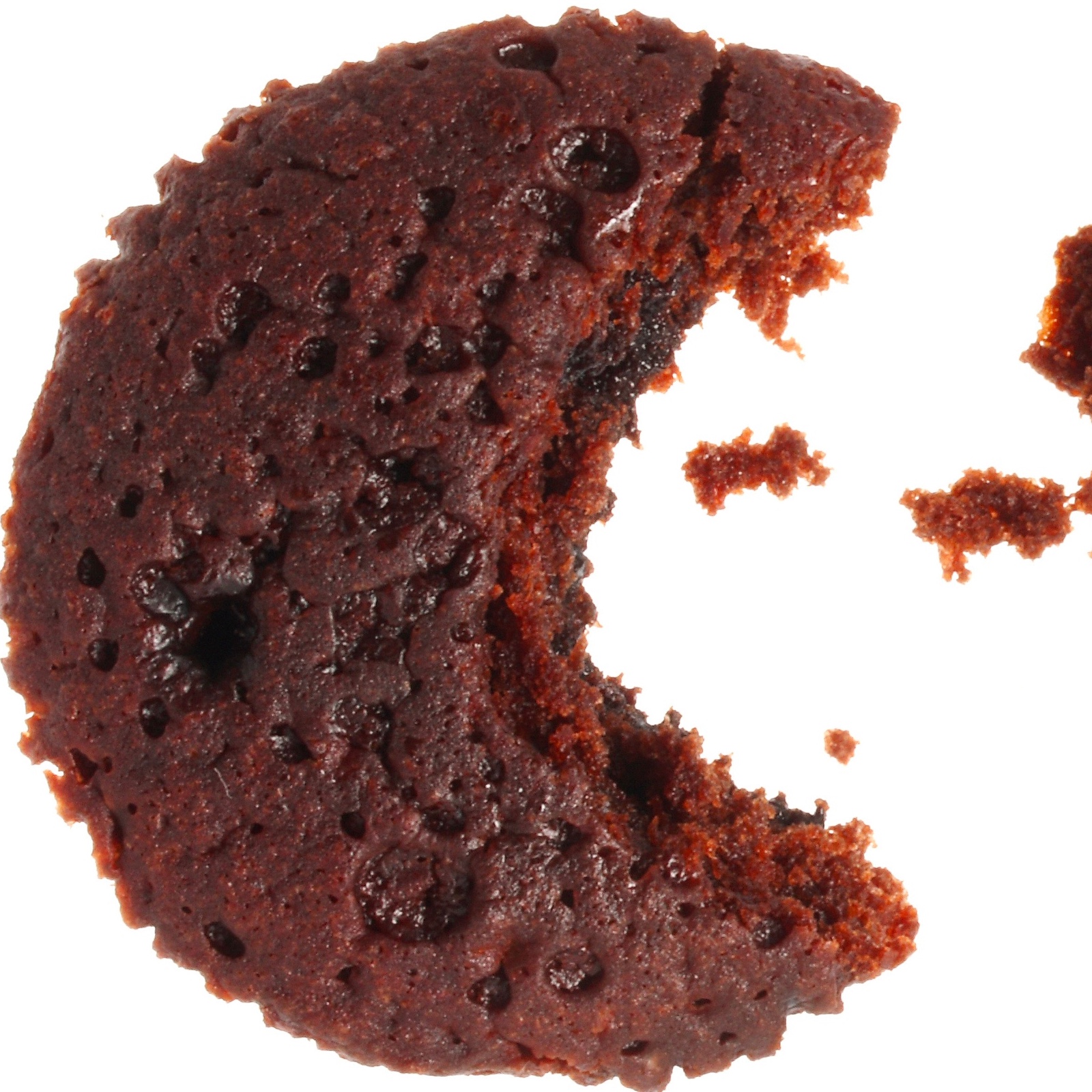 Foto: Mondsichel-förmiges Cookie (Plätzchen), das Krümel zu essen scheint und damit an Pacman erinnert
