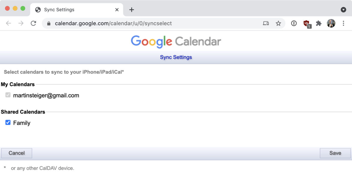 Screenshot: «Sync Settings» für Google-Kalender