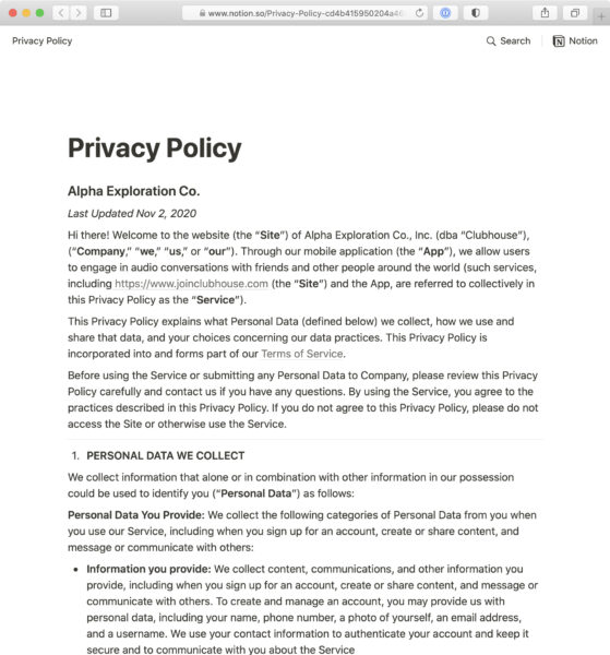 Screenshot: Datenschutzerklärung («Privacy Policy» von Clubhouse
