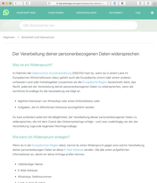 Screenshot: Seite «Der Verarbeitung deiner personenbezogenen Daten widersprechen» bei WhatsApp
