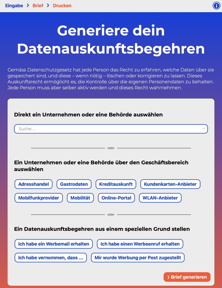 Screenshot: Online-Generator der Digitalen Gesellschaft für datenschutzrechtliche Auskunftsbegehren
