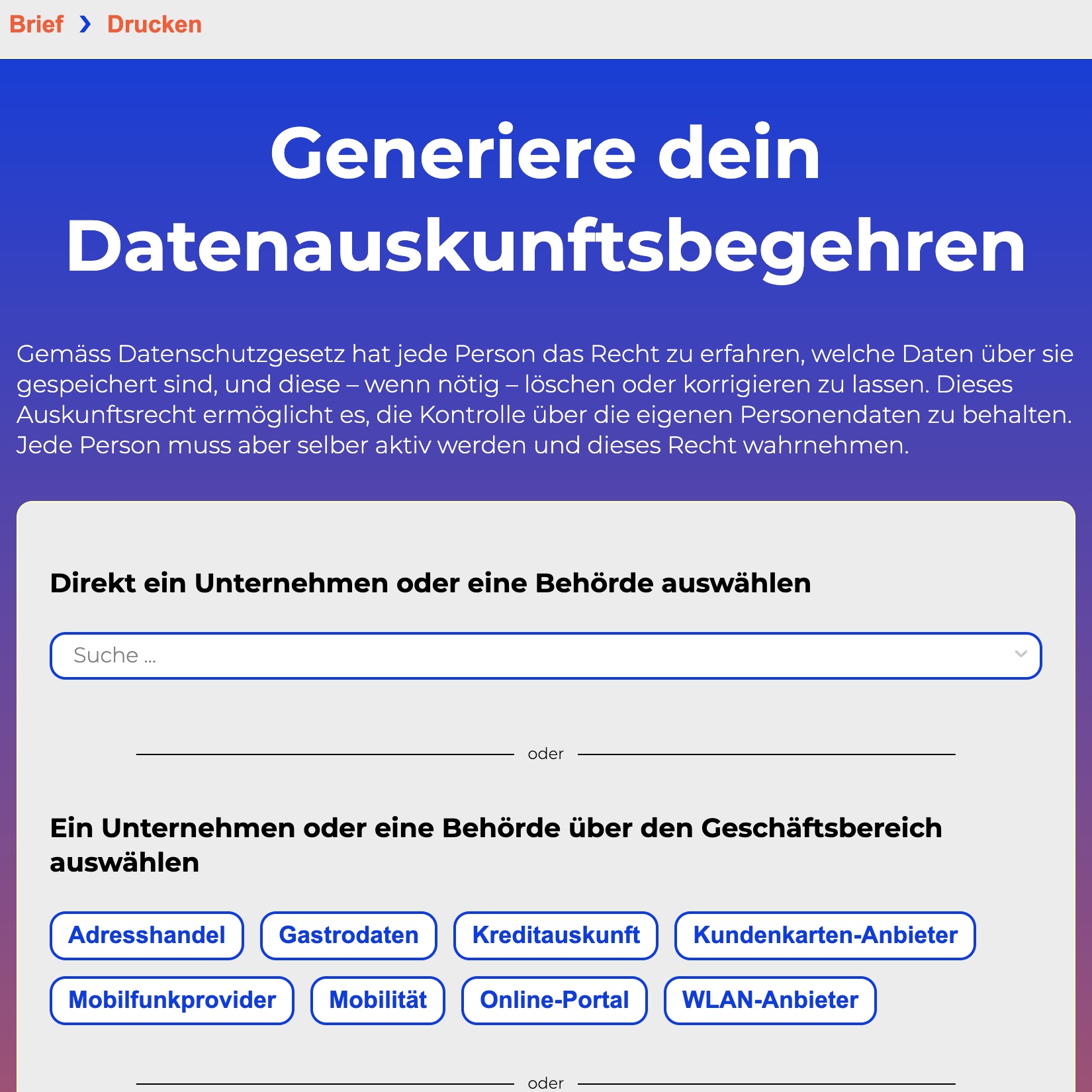 Screenshot: Online-Generator der Digitalen Gesellschaft für datenschutzrechtliche Auskunftsbegehren