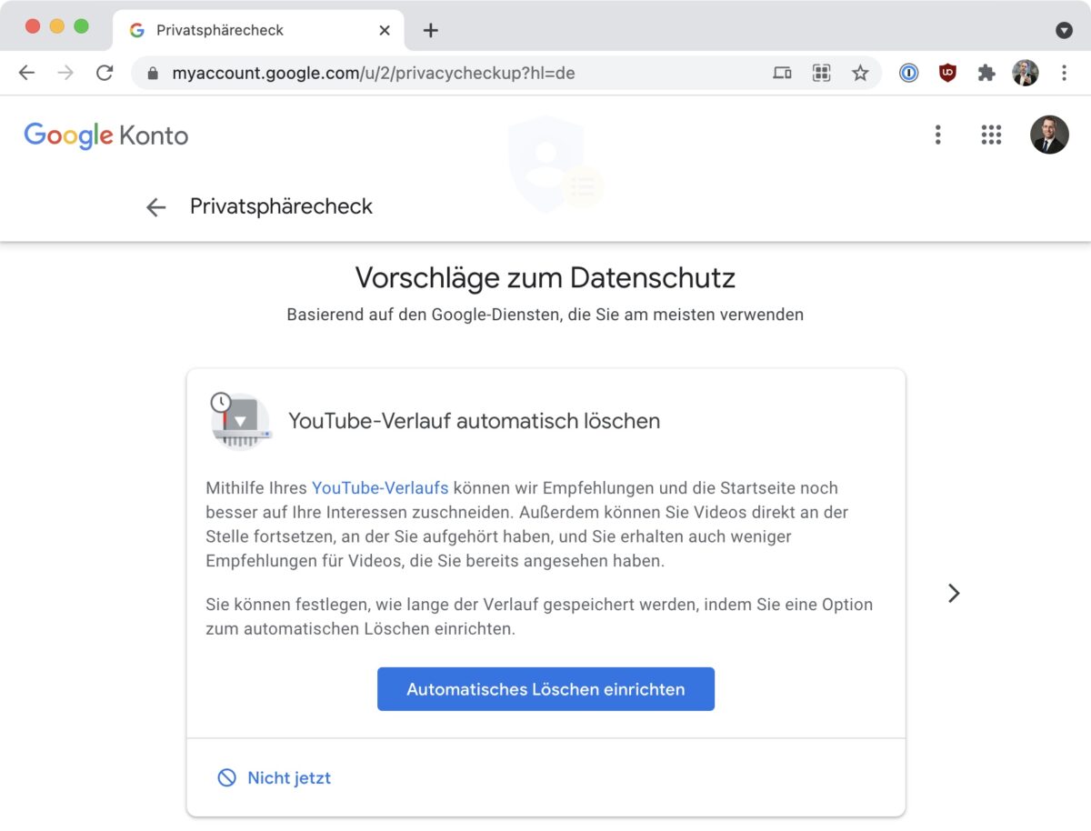 Screenshot: «YouTube-Verlauf automatisch löschen» im «Privatsphärecheck» von Google