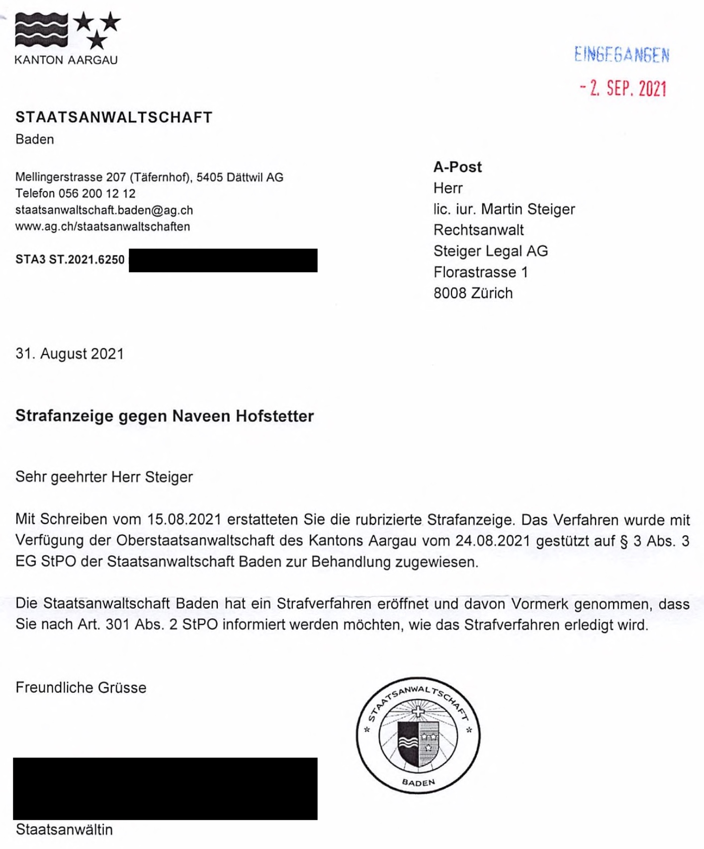 Dokument: Mitteilung der Staatsanwaltschaft Baden vom 31. August 2021
