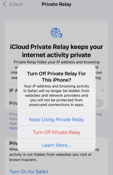 Screenshot: Privacy Relay-Einstellungen für iCloud (iOS)