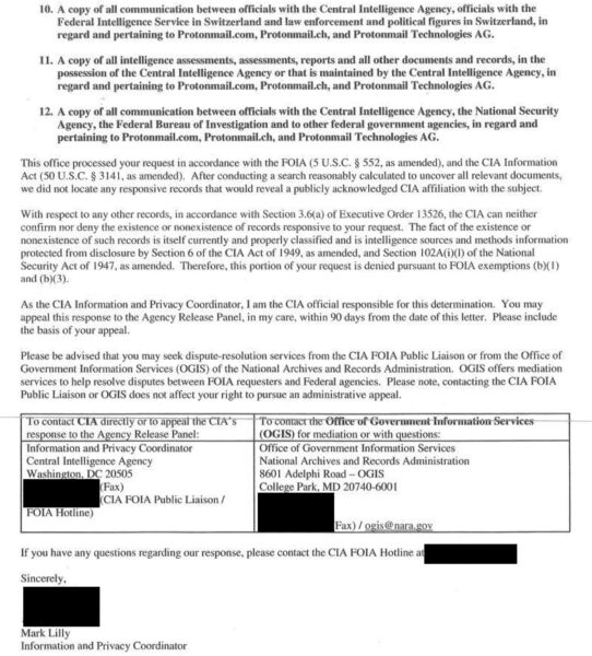 Dokument: Nicht-Auskunft der CIA betreffend ProtonMail (Seite 1)