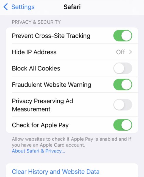 Screenshot: Datenschutz-Einstellungen für Safari 15 (iOS)