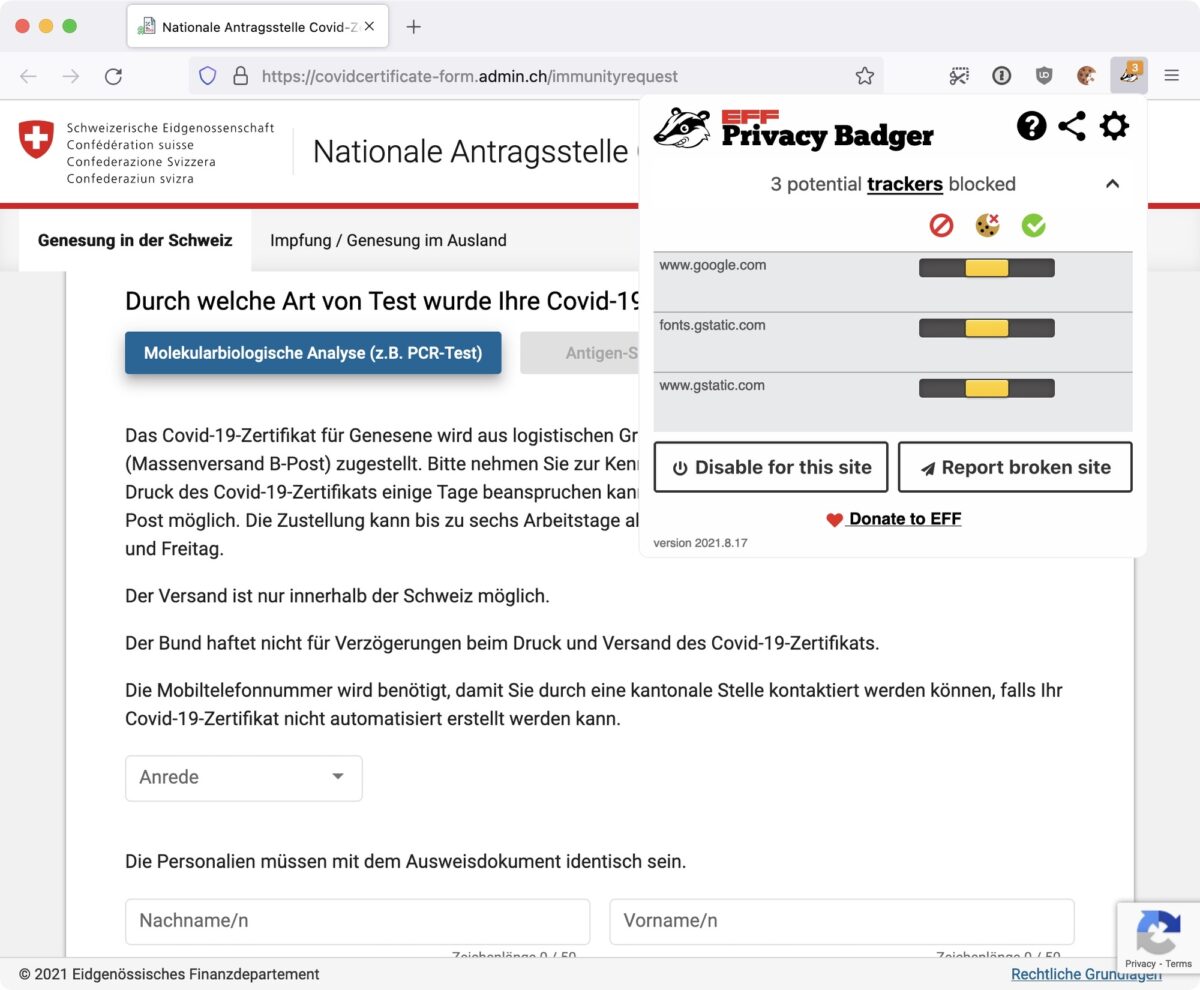 Screenshot: Online-Formular mit Privacy Badger-Warnungen