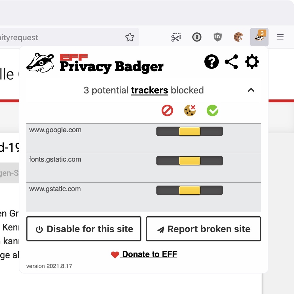 Screenshot: Privacy Badger-Warnungen