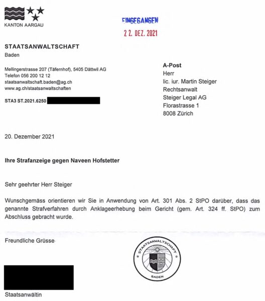 Dokument: Mitteilung der Staatsanwaltschaft Baden vom 20. Dezember 2021