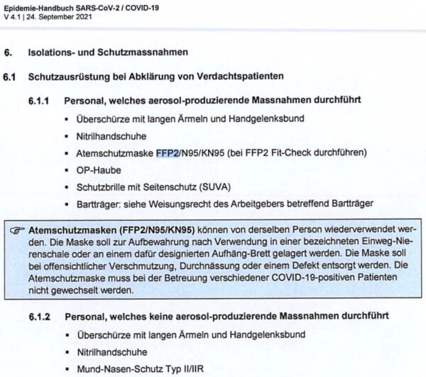 Dokument: Epidemie-Handbuch des Universitätsspitals Basel betreffend FFP2-Masken (Auszug)