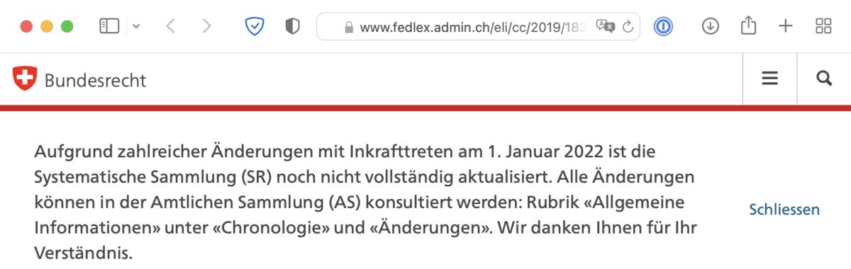 Screenshot: Veraltete Systematische Sammlung des Bundesrecht (SR) am 9. Januar 2022