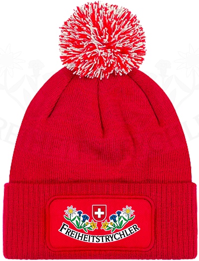 Foto: Rote Zipfelmütze mit «Freiheitstrychler»-Logo und Schweizer Kreuz (mit Bild mit Wasserzeichen)