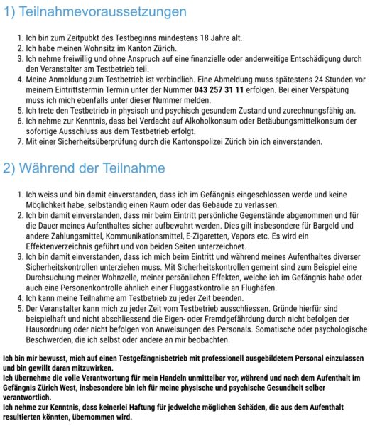 Dokument: Teilnahmebedingungen für Testbetrieb 2022 im Gefängnis Zürich West