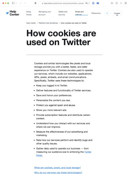 Screenshot: Cookie-Richtlinie von Twitter