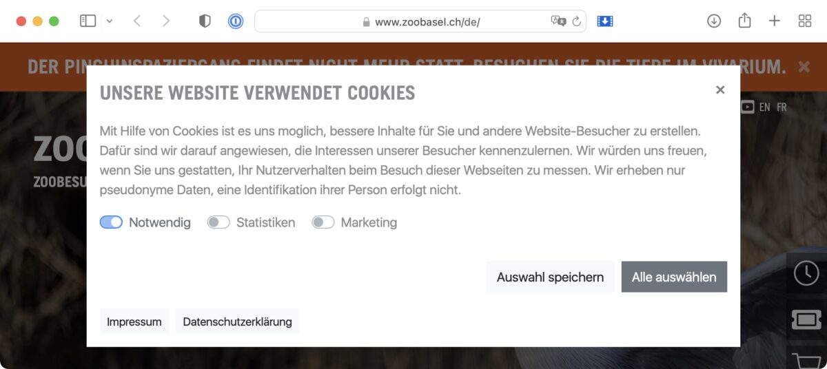 Screenshot: Cookie-Banner auf der Zoo Basel-Website