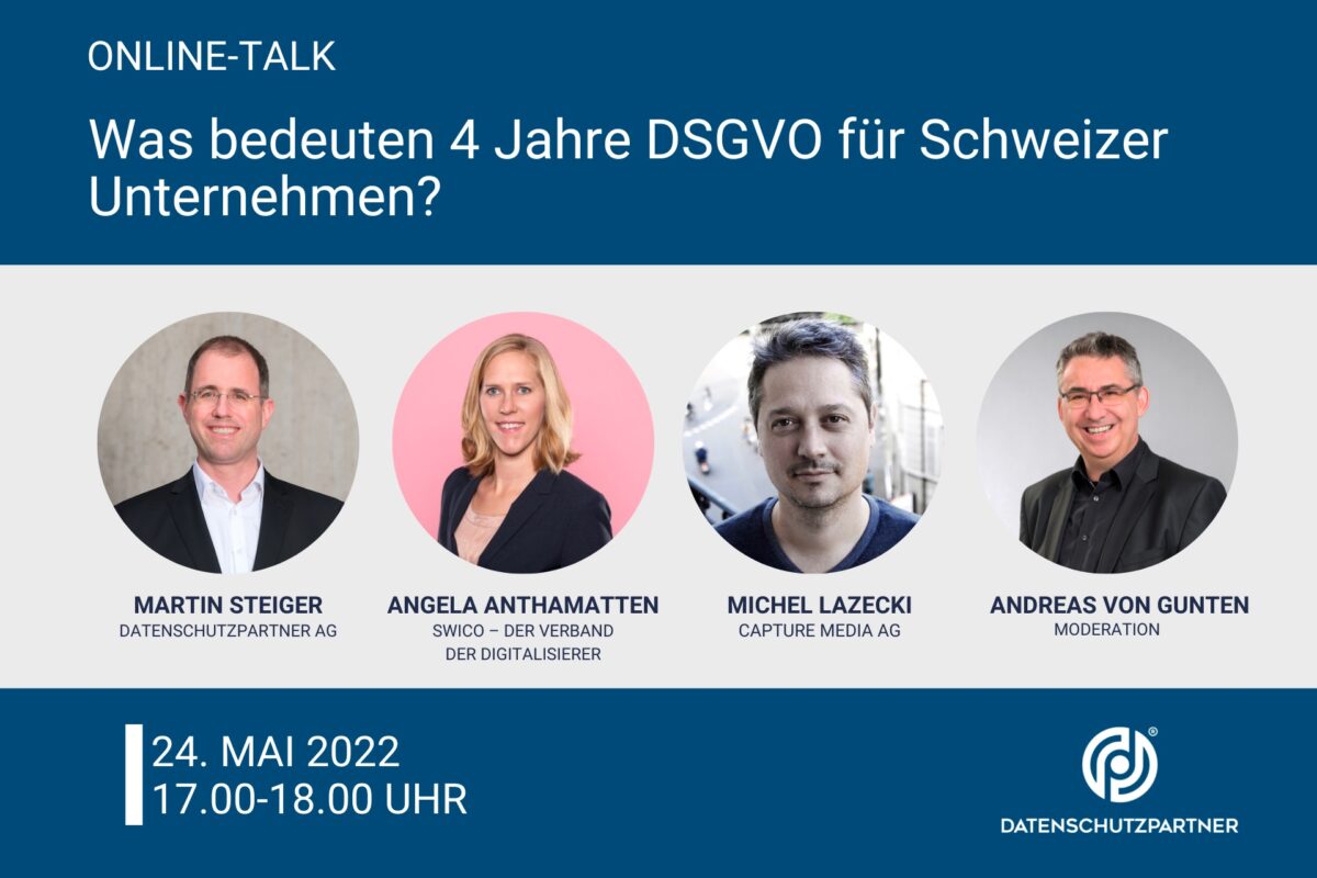 Bild: Hinweis auf Online-Talk «Was bedeuten 4 Jahre DSGVO für Schweizer Unternehmen?» am 24. Mai 2022 von Datenschutzpartner
