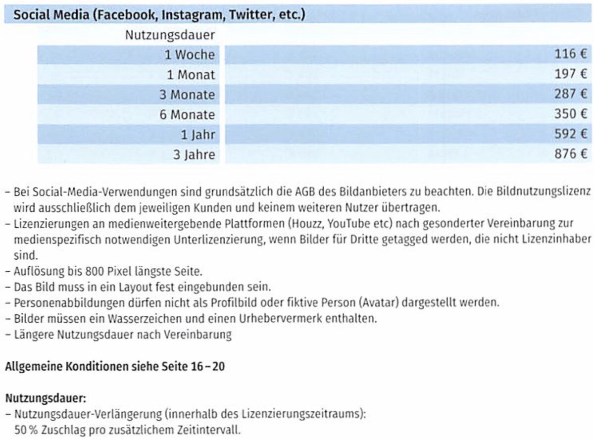 Dokument: Kosten für Social Media-Nutzungen gemäss MFM-Bildhonoraren 2022 (Auszug)
