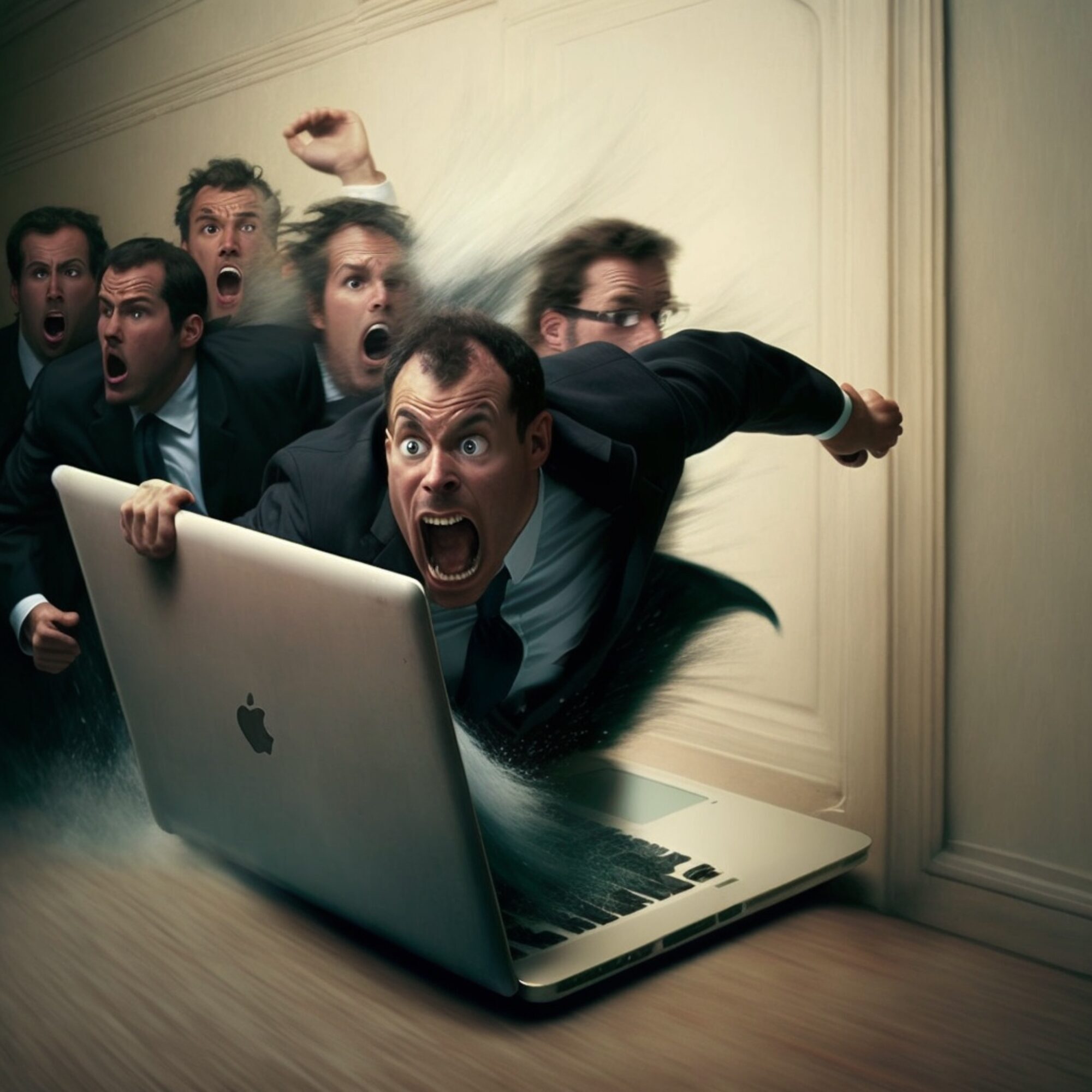Bild: Anwälte, die einem MacBook nachrennen (AI-generiert, ein bisschen surreal …)