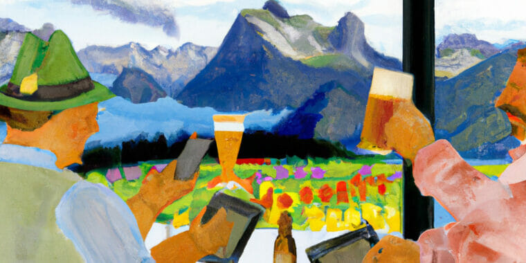 Bild: AI-generiertes Bild »Personen, die Bier trinken und über Datenschutz sprechen, im Stil von Ferdinand Hodler, auch mit Bergen im Hintergrund»