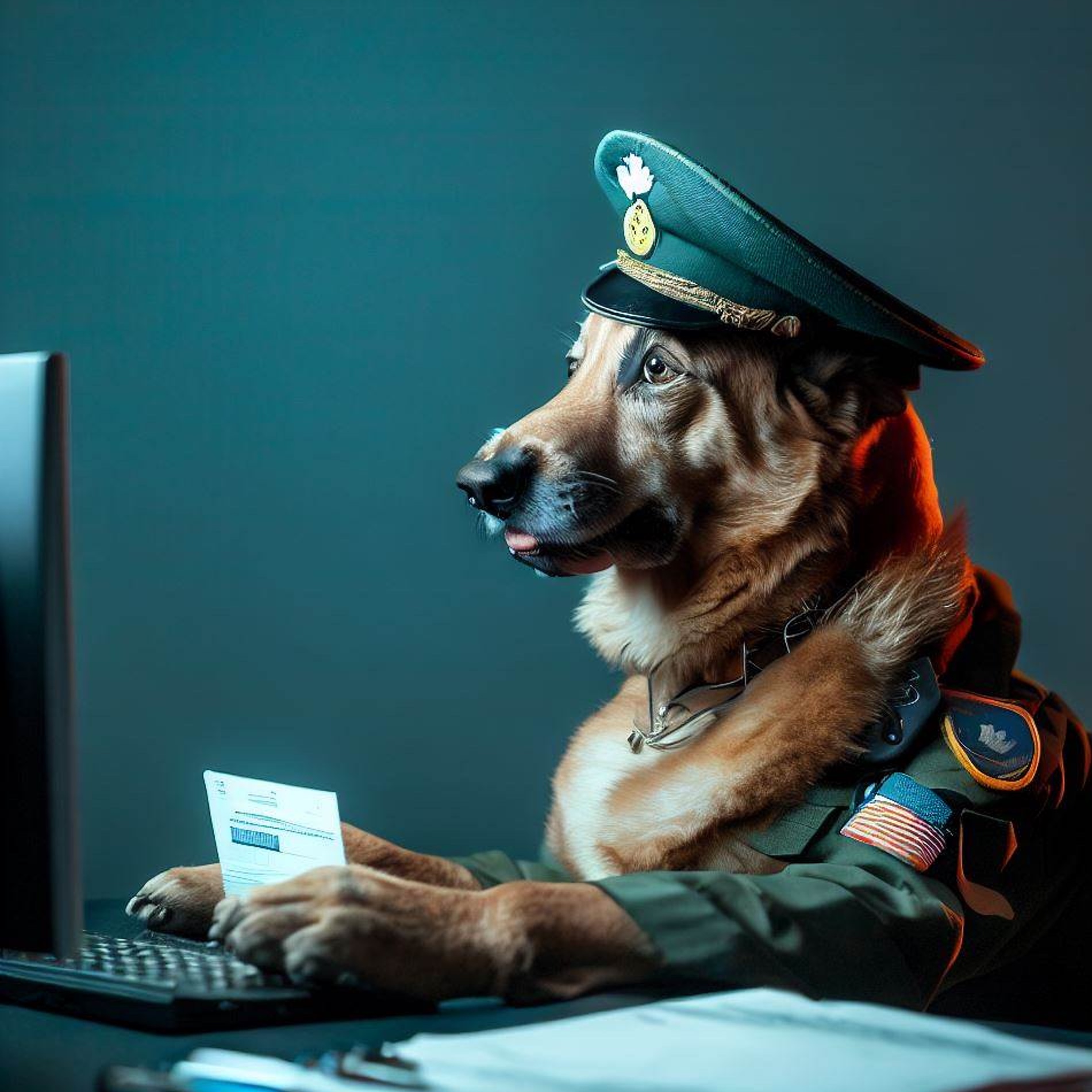 Bild: Hund in Uniform, der vor einem Computer sitzt und einen Ausweis kontrolliert