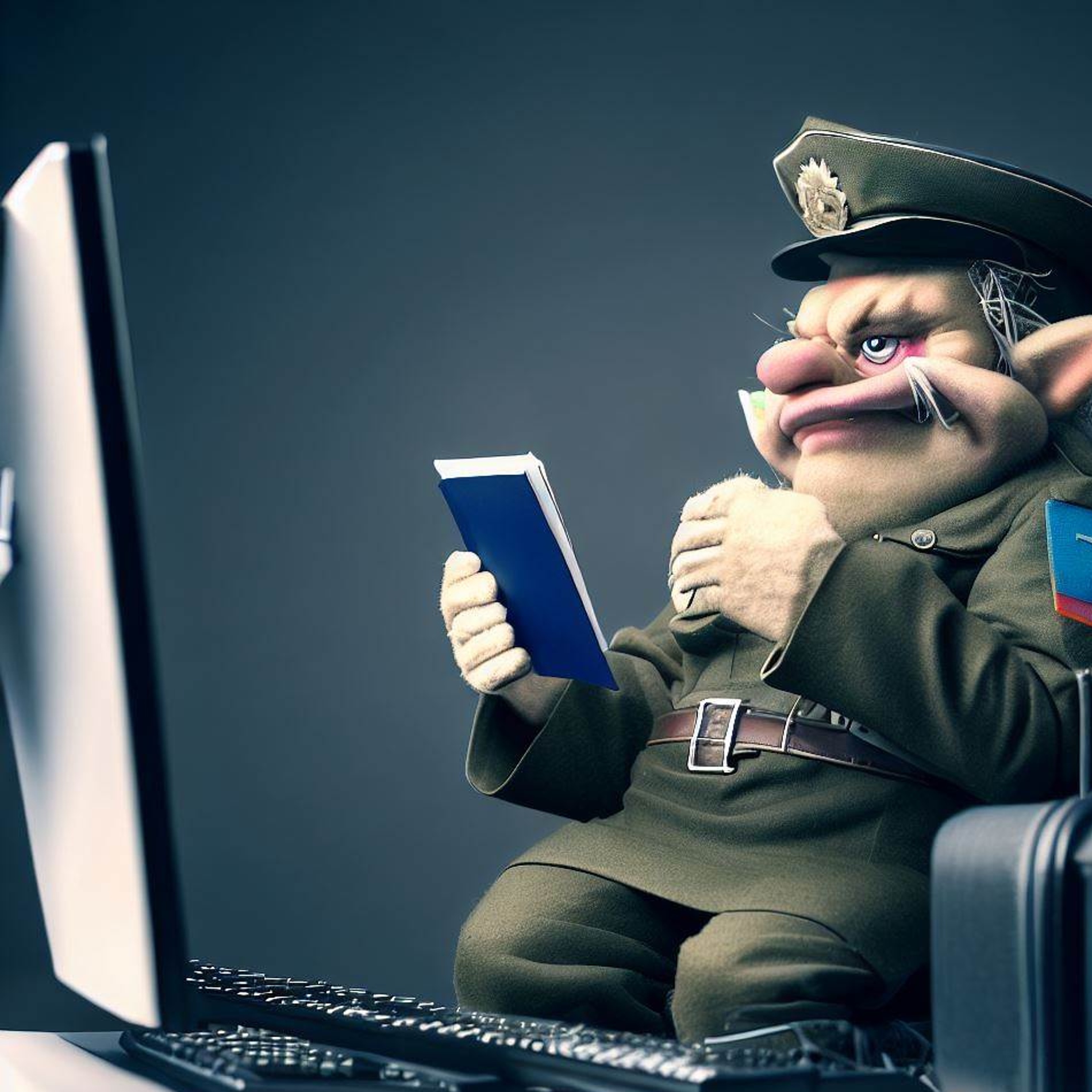 Bild: Troll in Uniform, der vor einem Computer sitzt und einen Ausweis kontrolliert