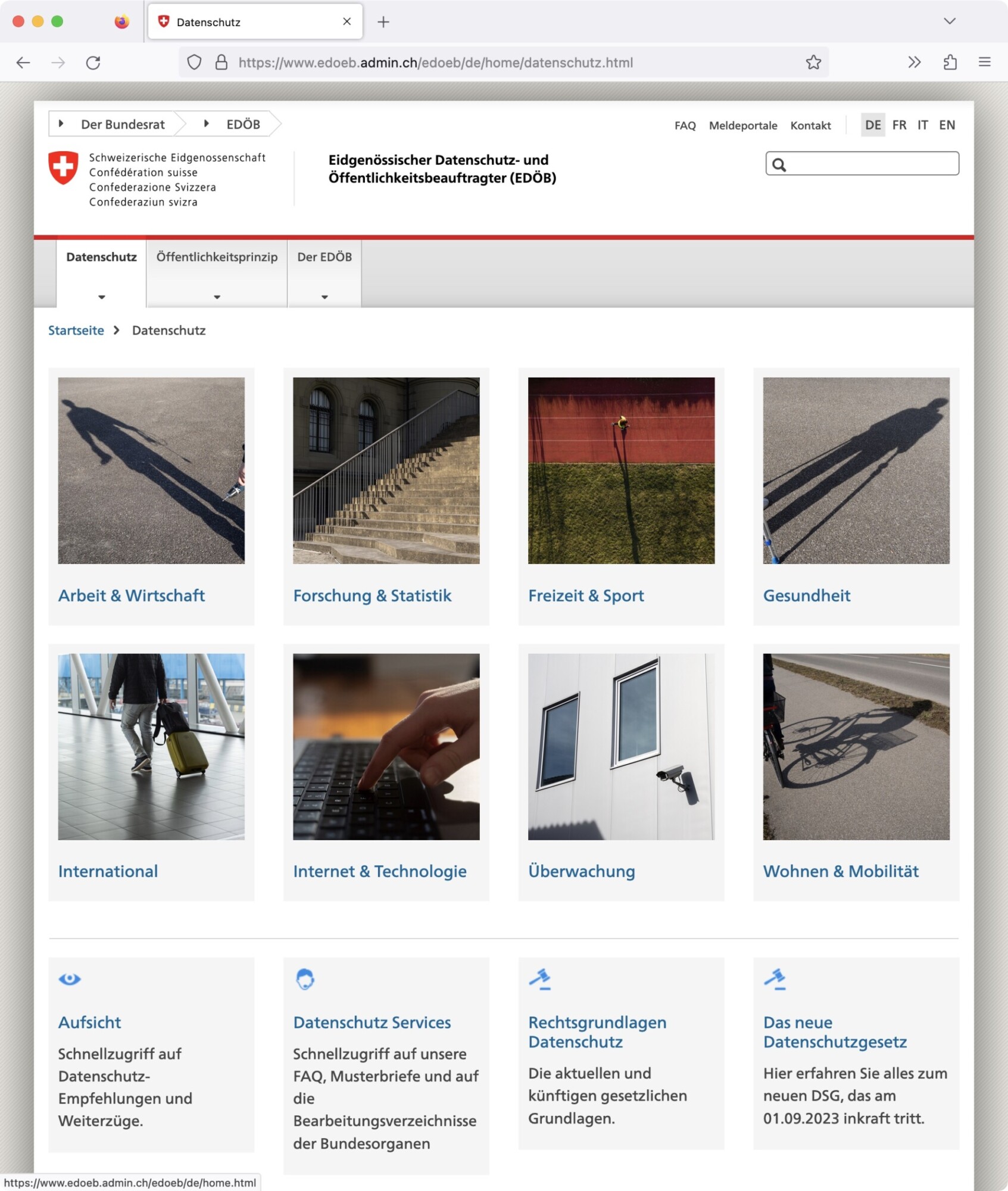 Screenshot: Neue Website des Eidgenössischen Datenschutz- und Öffentlichkeitsbeauftragten (EDÖB) in der Schweiz