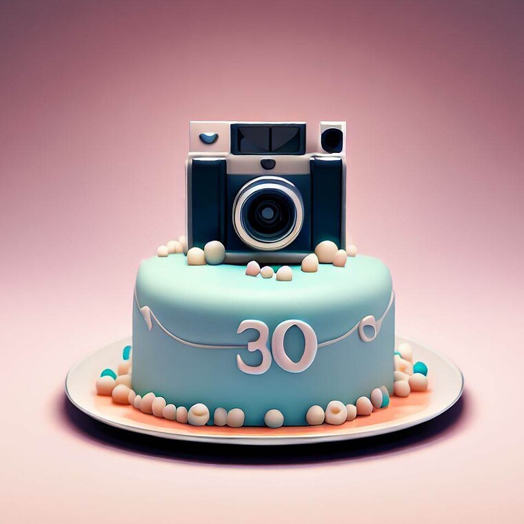 Bild: Geburtstagskuchen mit einer Kamera und der Zahl 30 (AI-generiert)