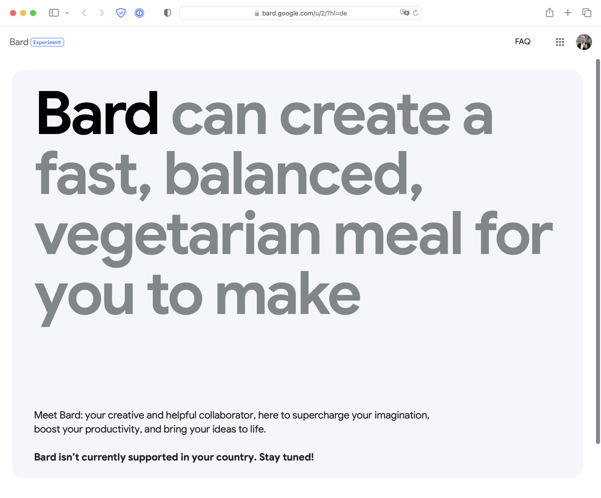 Screenshot: Google Bard-Mitteilung «Bard isn't currently supported in your country. Stay tuned!»