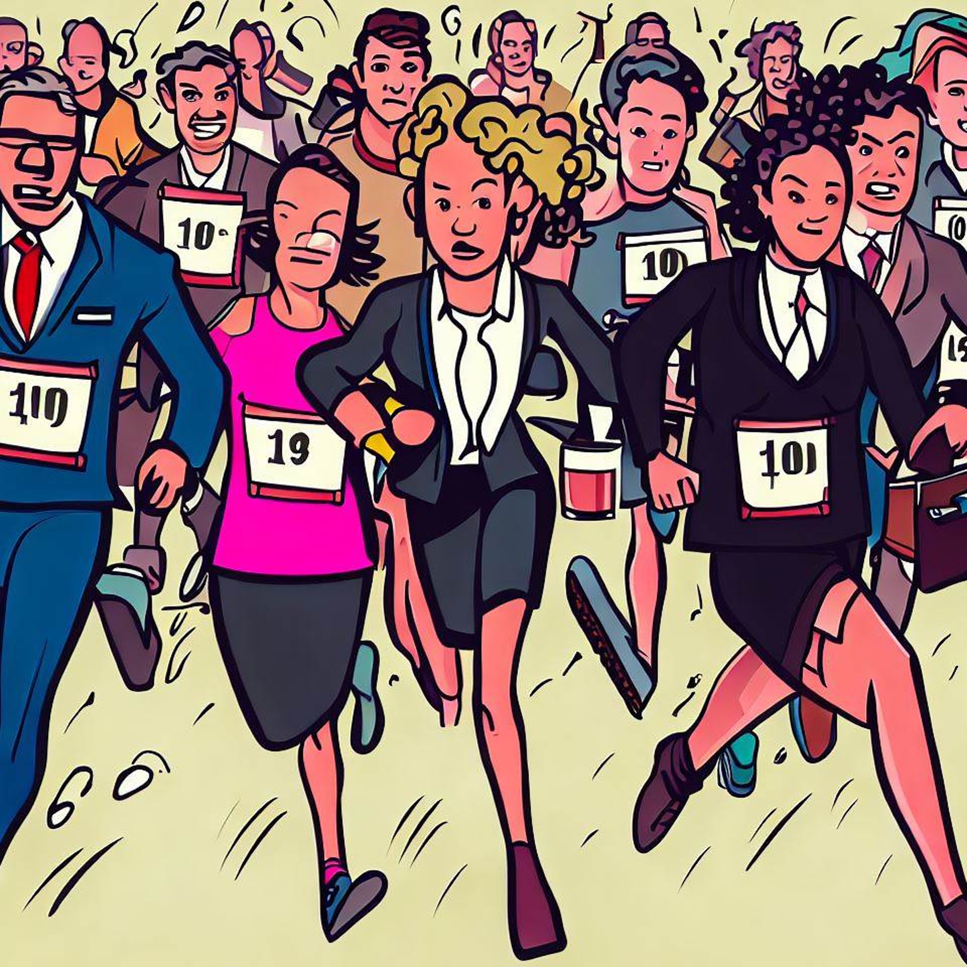 Bild: Anwältinnen und Anwälte in geschäftlicher Kleidung rennen an einem Triathlon (AI-generiert)