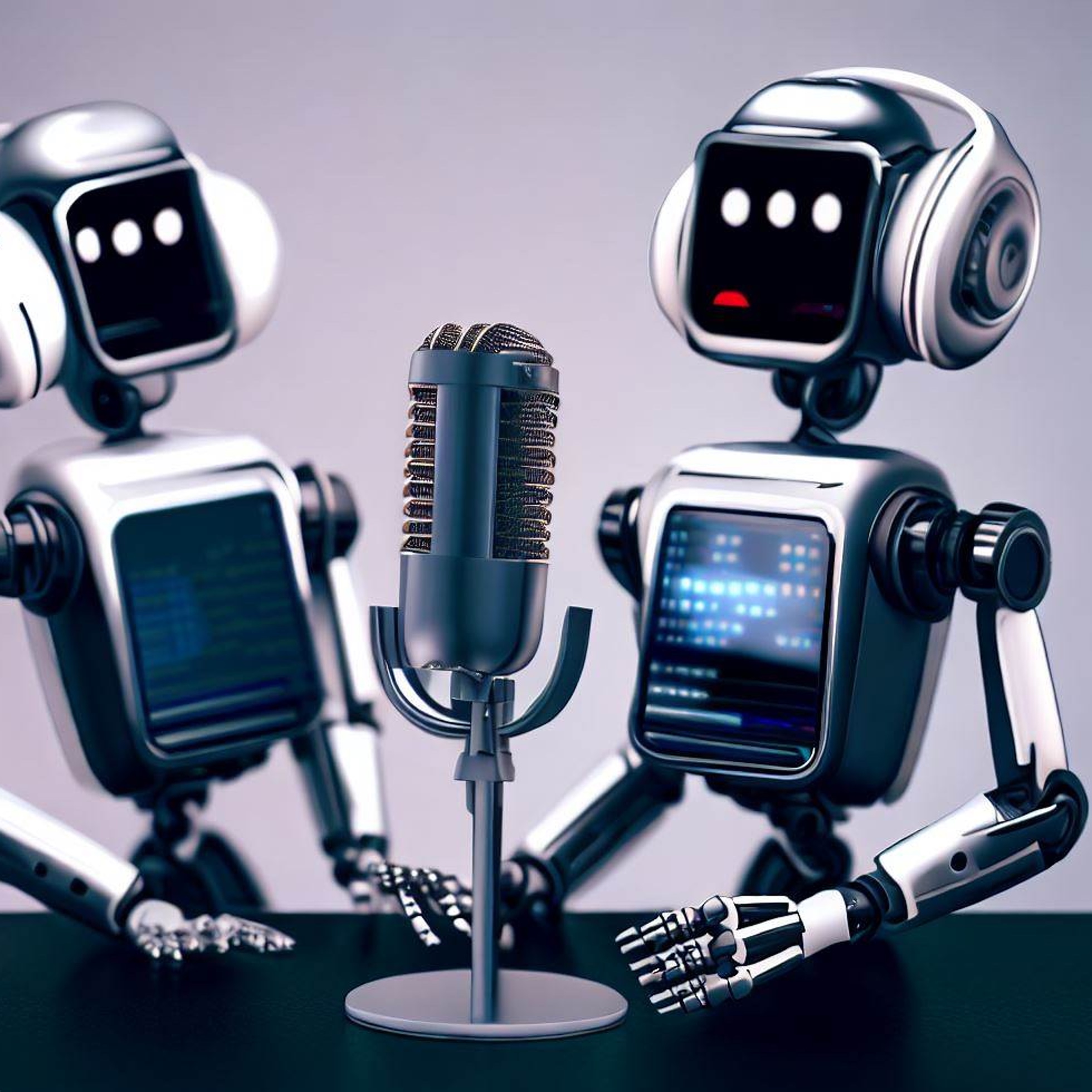 Bild: Zwei Roboter, die ein Podcast-Gespräch führen (AI-generiert)