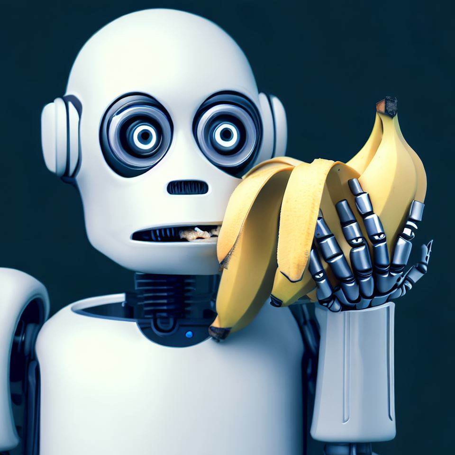 Bild: Verwirrter Roboter, der Bananen isst (AI-generiert)