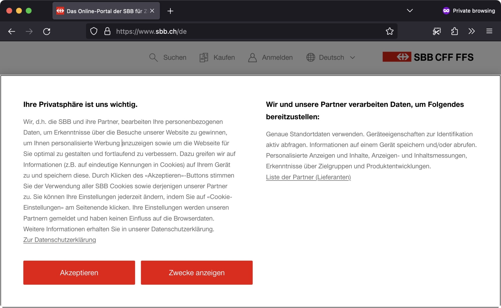 Screenshot: «Consent-Management» auf der Website der Schweizerischen Bundesbahnen (SBB)