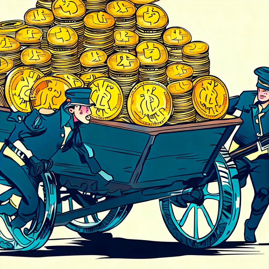 Bild: Zwei Polizisten, die auf einem Handwagen viele grosse Goldmünzen transportieren (AI-generiert)