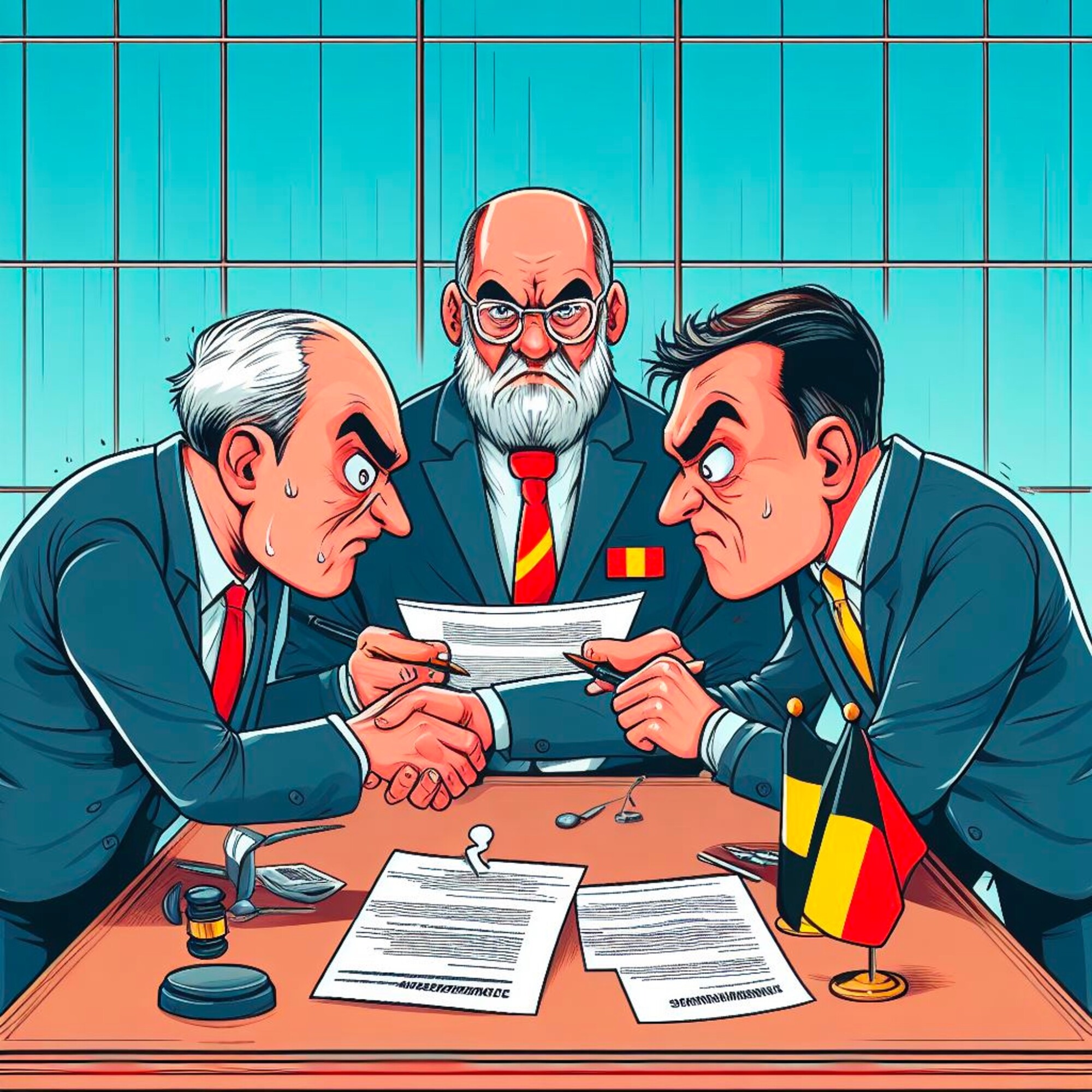 Bild: Zwei Parteien in Belgien unterzeichnen einen Auftragsverarbeitungsvertrag unter Beobachtung der belgischen Datenschutz-Aufsichtsbehörde (AI-generiert)