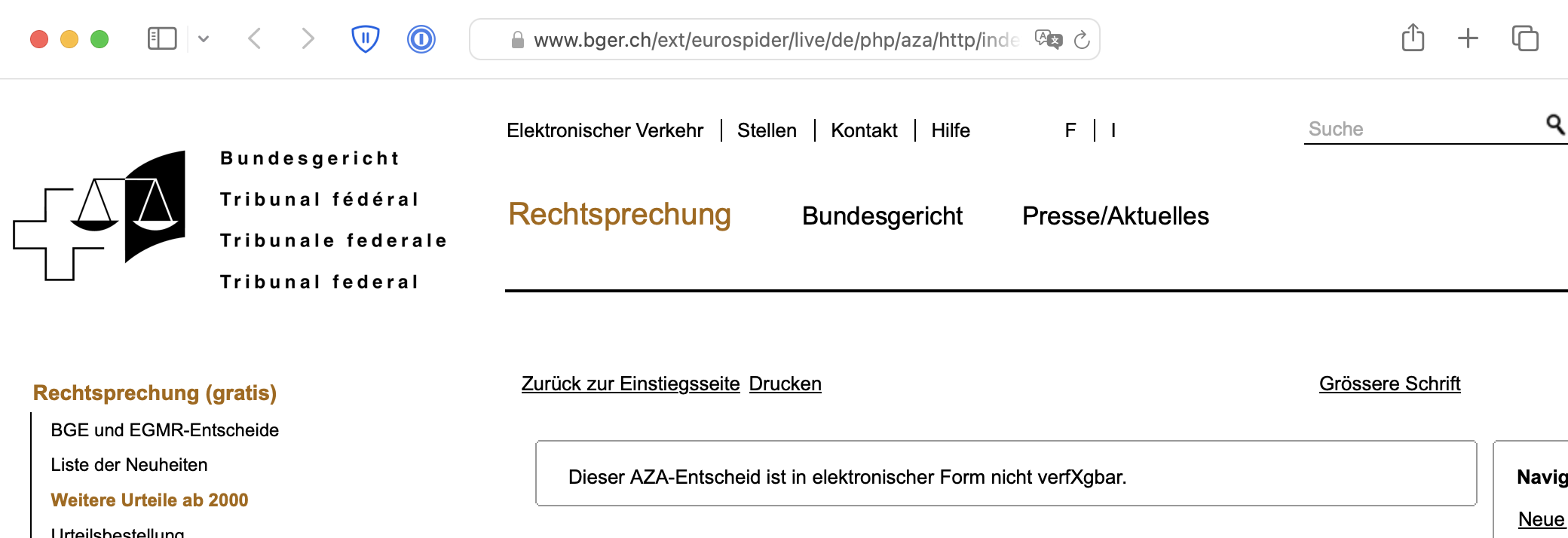 Screenshot: «Dieser AZA-Entscheid ist in elektronischer Form nicht verfXgbar.»