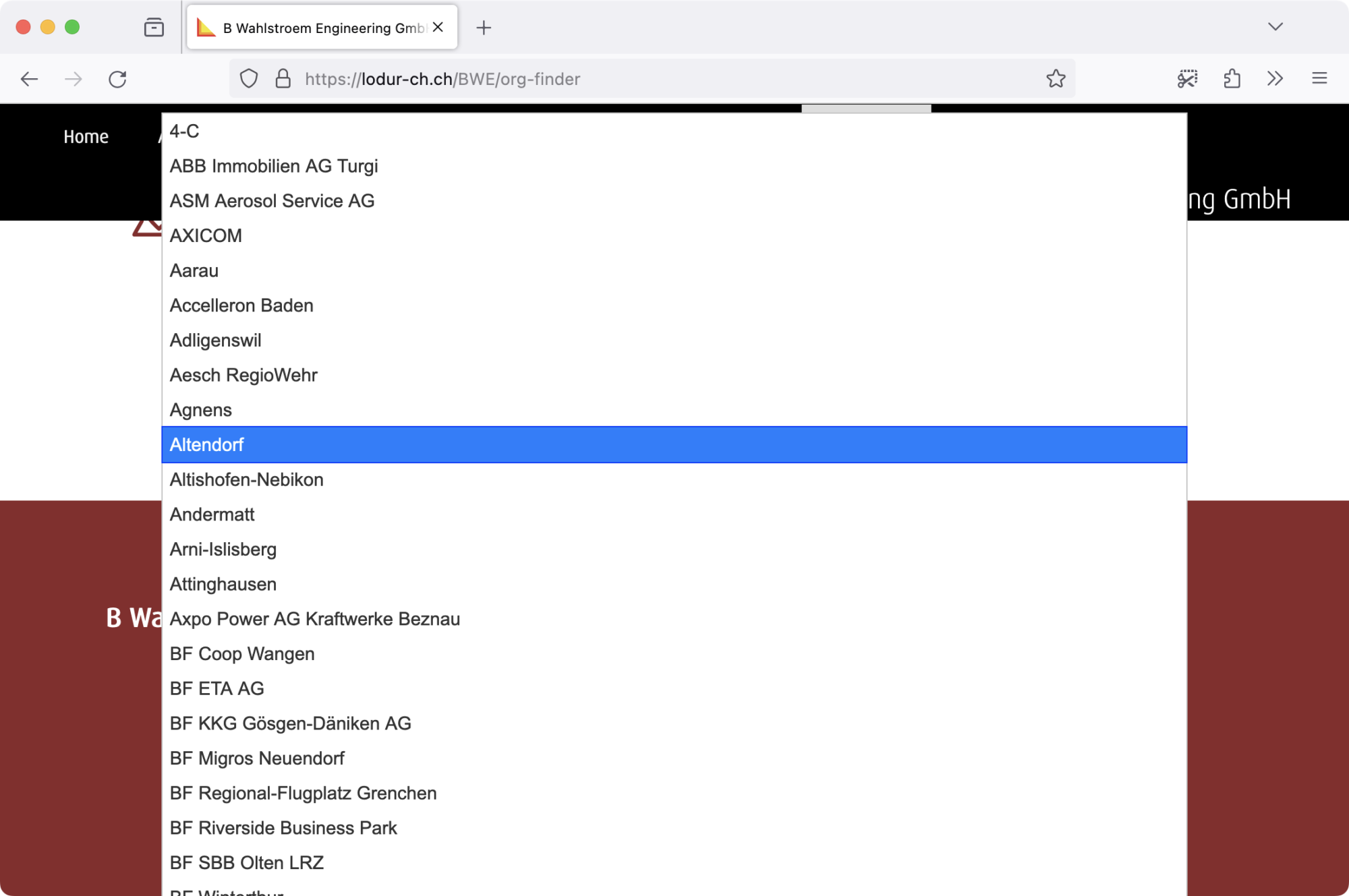 Screenshot: «Org-Finder» von LODUR mit Suchergebnissen
