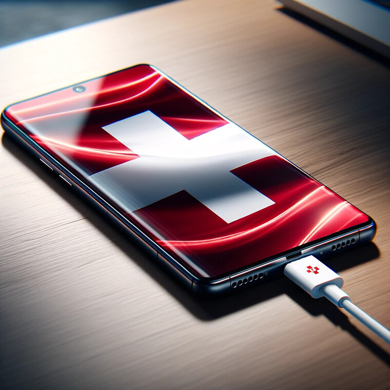 Bild: Schweizerisches Smartphone, das mit einem USB-C-Kabel geladen wird (KI-generiert)
